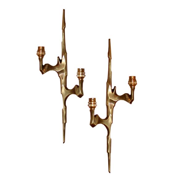 Pair of Agostini Style Two Branch Bronze Wall Light Appliques For Sale