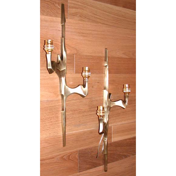 French Pair of Agostini Style Two Branch Bronze Wall Light Appliques For Sale