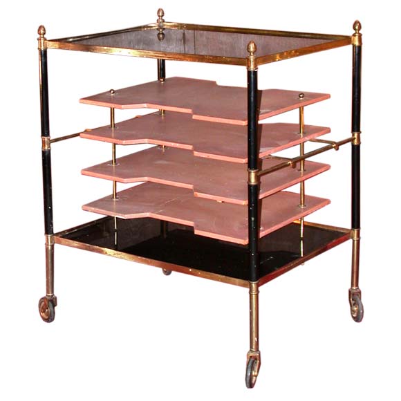 Double Tier Brass and Black Opaline Rolling Table For Sale