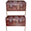 Pair of Chinoiserie Brown Lacquered Leather Chest Tables
