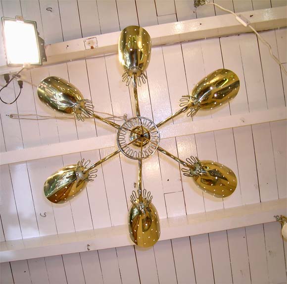 German Six Perforated Brass Shaded Ceiling Light For Sale