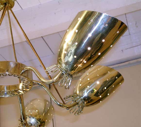 20th Century Six Perforated Brass Shaded Ceiling Light For Sale