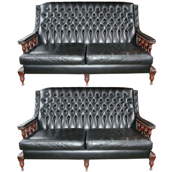 Pair of Black Tufted Leather Sofas For Sale at 1stDibs