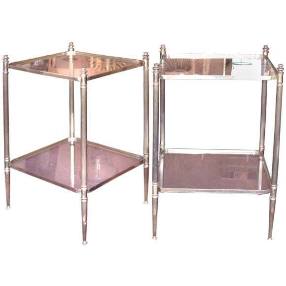 Pair of Two Tier Square Brass and Glass End Tables For Sale