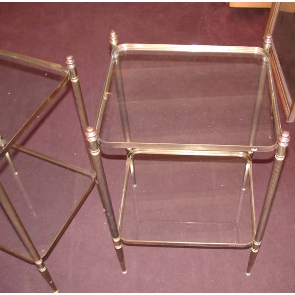 Pair of Two Tier Square Brass and Glass End Tables For Sale 1