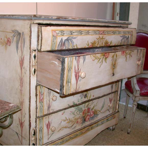 Brass Floral Painted Four Drawer Catalan Commode For Sale