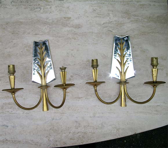 #3132 Pair of Gilt Bronze Palm and  Mirror Back Sconces