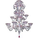 Ruby Bordered Opalescent Three Tiered Murano Chandelier