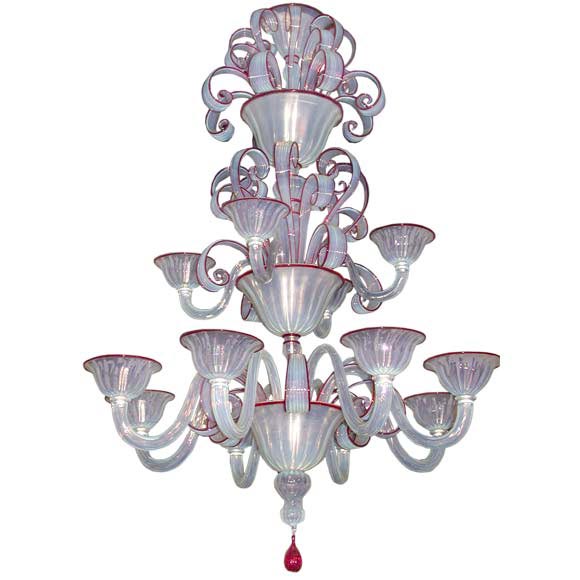 Ruby Bordered Opalescent Three Tiered Murano Chandelier For Sale