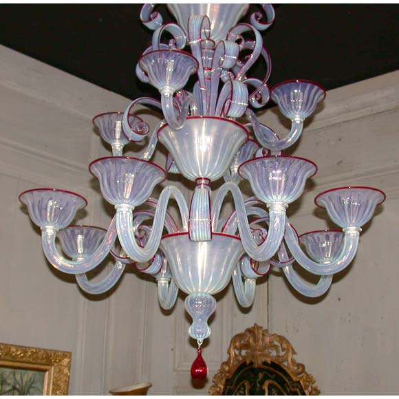 Italian Ruby Bordered Opalescent Three Tiered Murano Chandelier For Sale