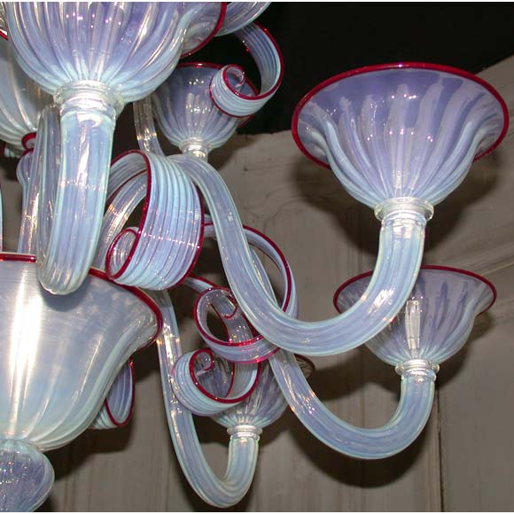 Ruby Bordered Opalescent Three Tiered Murano Chandelier In Good Condition For Sale In Charleston, SC