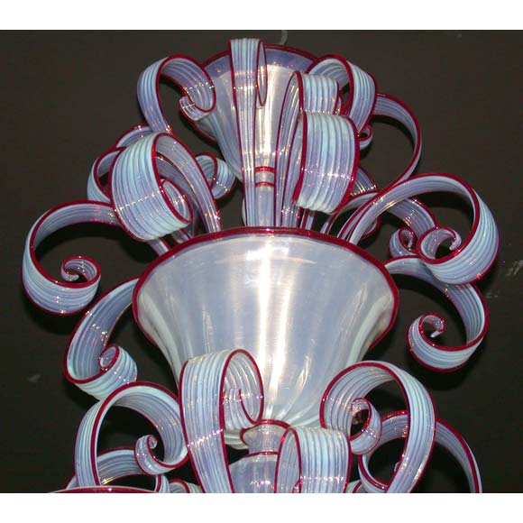 20th Century Ruby Bordered Opalescent Three Tiered Murano Chandelier For Sale