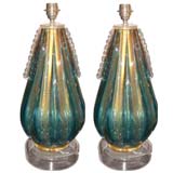 Two Gold Dust Blue Glass Murano Table Lamps