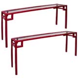 Pair of Long Cranberry Lacquered Console Tables