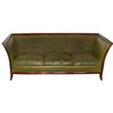 Vintage Mahogany Framed Olive Green Leather  Sofa
