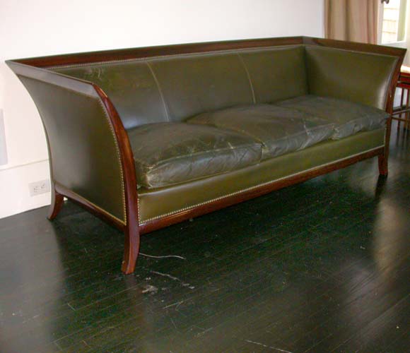 Mahogany Framed Olive Green Leather  Sofa