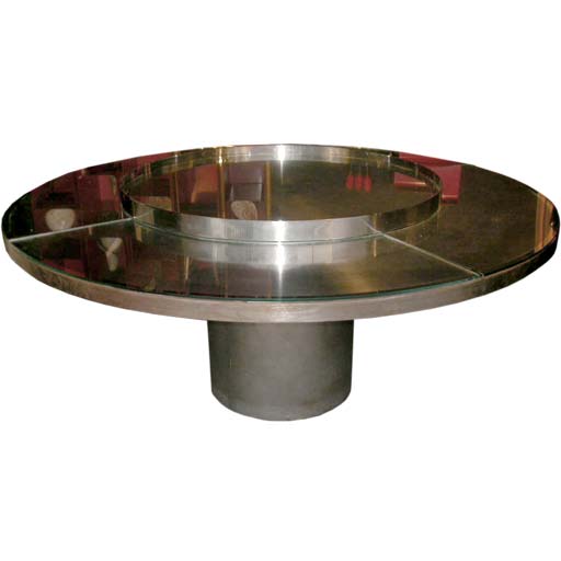 Large "Lazy Susan" Center Mirrored Glass Dining Table For Sale