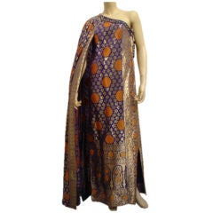 1960s One Shoulder Lame Sari Print Gown