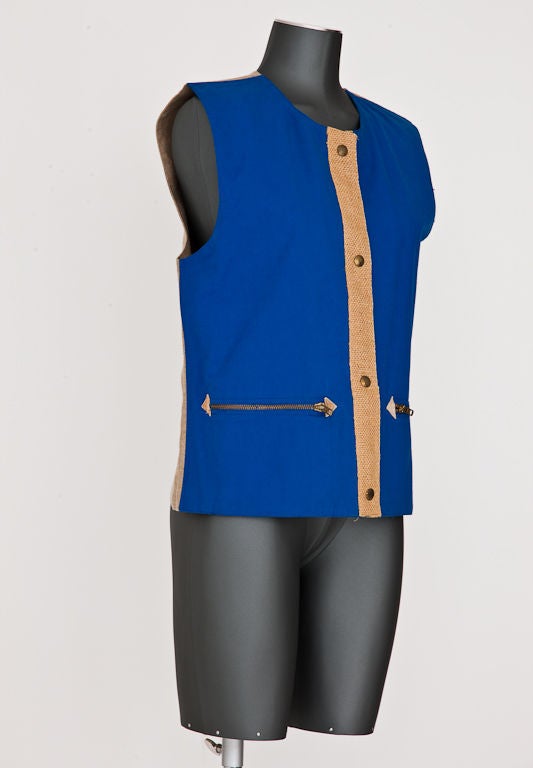 Castelbajac canvas jacket with deep raglan sleeves, snap closures and accompanying vest. Sleeveless vest has front burlap trimmed closure,  linen back and zippered pockets. Jacket details include 2 front pockets and 2 back pocket. label reads: