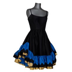 Lanvin Black silk taffeta dress with blue + gold lame hem