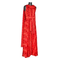 orange and red silk chiffon reptile print gown and scarf