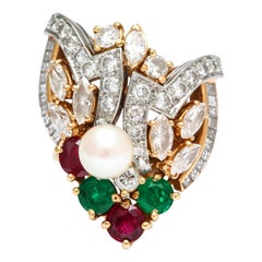 Chaumet French Pearl Emerald Ruby Diamond Ring