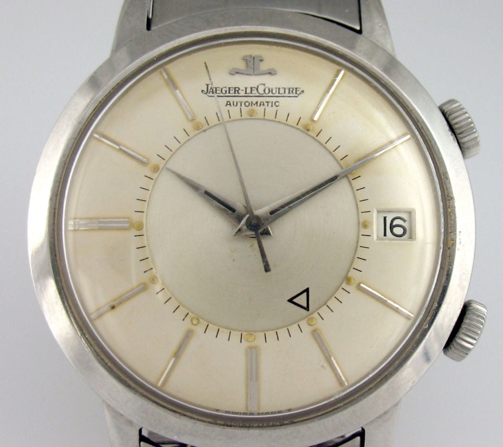 Jaeger LeCoultre alarm watch with date in stainless steel. Adjustable bracelet graduates from 1.8mm to 1.7mm.