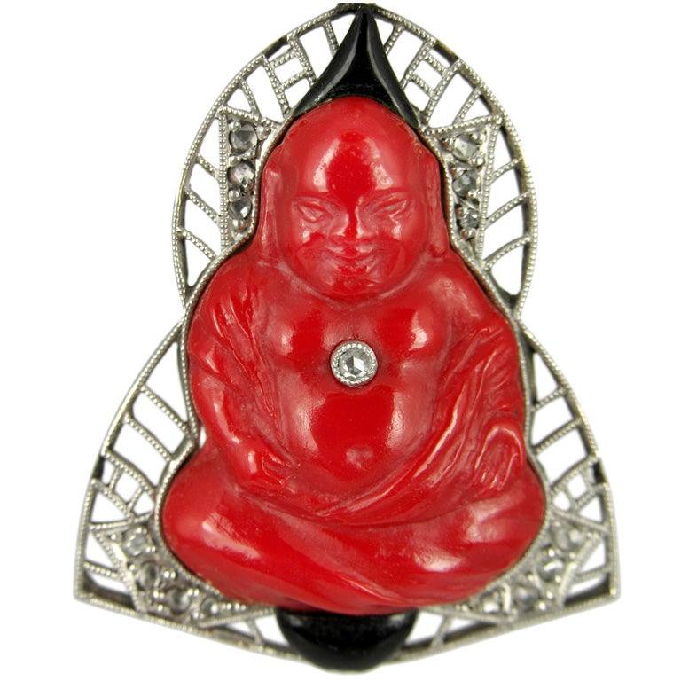 Red Peking Glass Art Deco Buddha Pendant For Sale