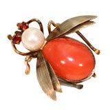 14K Gold Coral & Pearl Insect or Bug Pin
