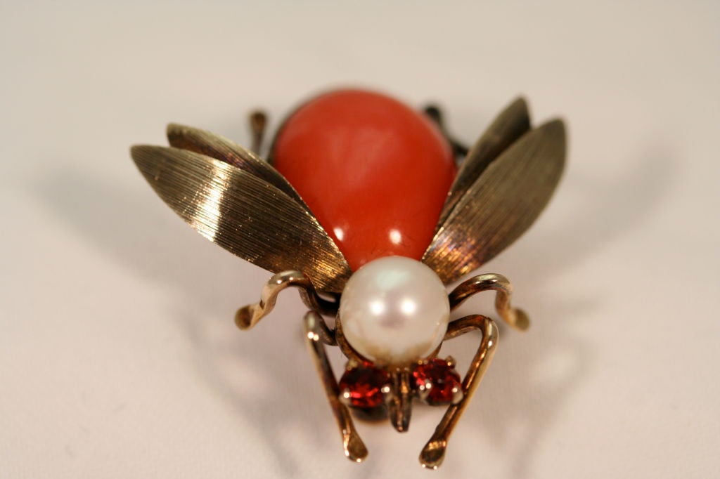 14K Gold Coral & Pearl Insect or Bug Pin