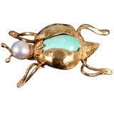 18K Gold Turquoise & South Sea Pearl Bug Pin
