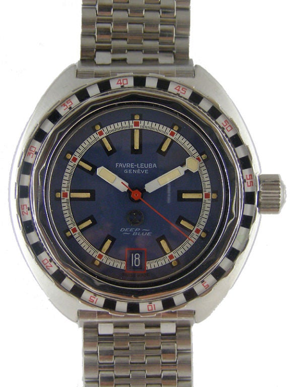 Favre Leuba SS diver's model ressembling a roulette wheel. Super looking model 34mm diameter case with signed screw down crown, black and white alternating segments 24 hour elapsed time bezel. Beautiful original blue dial with yellow, white and red