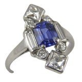 Art Deco Ring with Blue Ceylon Sapphire & French Cut Diamonds