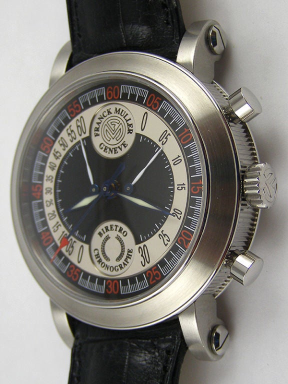 Franck Muller SS BiRetro Chronograph ref # 7000 CC B 40 x 47mm diameter case circa 2003. Limited edition model # #29 with retrograde seconds and 30 minutes register. Red, white and black detail dial. On FM strap with buckle. Unworn watch complete