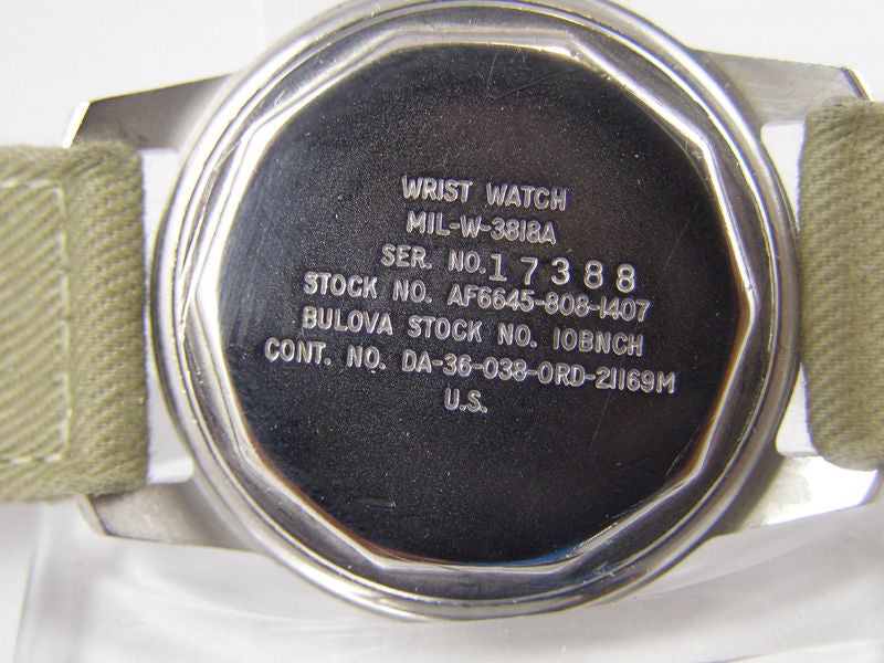 Bulova military BM brushed non reflective finish circa 1940's original matte black dial with patina'd luminous and white printed 24 hour indexes 17 jewel manual wind.<br />
Stk# 33733<br />
$395.00