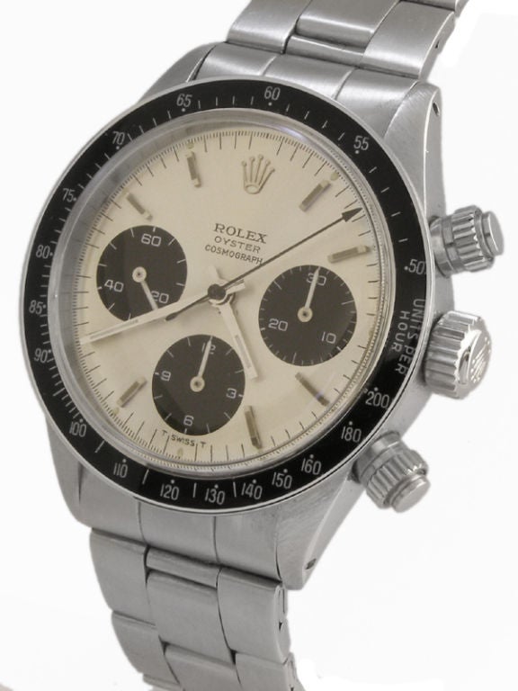 Rolex SS Daytona ref# 6263 serial # 3.7 million circa 1973 silver dial with black registers, dial signed Rolex Oyster Cosmograph. Black lacquer 200 mph tachometer bezel. 17 jewel manual wind calibre 727 movement. Rolex SS heavy Oyster bracelet. An