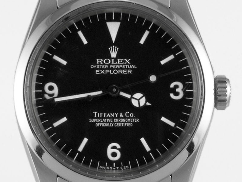 Rolex SS Explorer 1 ref 1016 Tiffany & Co double name serial # 4.1 million circa 1980. Hack feature movement Exceptional condition example. Beautiful condition original dial bearing Tiffany & CO name. With Rolex SS heavy Oyster bracelet. Very scarce