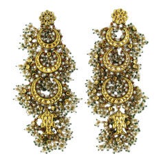 Large Indian Dangling Gold Enamel and Pearl Earrings