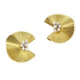 Gold and Diamond Ribbed Fan Earrings