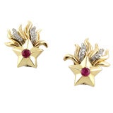 Gold and Ruby Flaming Star Earrings