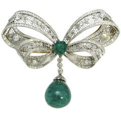 Edwardian Emerald Diamond Bow Brooch