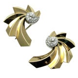 Pair Gold and Diamond Swirl Brooches