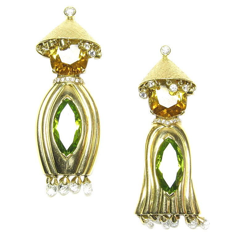 Asian Couple Peridot Citrine Brooches