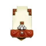 Cartier Art Deco Coral and Enamel Clip Brooch