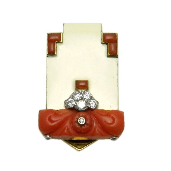 Cartier Art Deco Koralle und Emaille Clip-Brosche