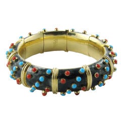 Vintage Schlumberger Abalone Enamel with Coral and Turquoise Bangle