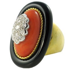 Retro Coral Onyx and Diamond Cocktail Ring