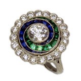 Art Deco Diamond Sapphire and Emerald Ring