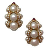 Vintage French 18kt Gold, Pearl and Diamond Earclips