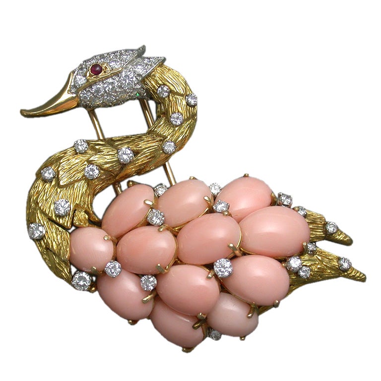 VOURAKIS Angel Skin Coral & Diamond Swan Brooch